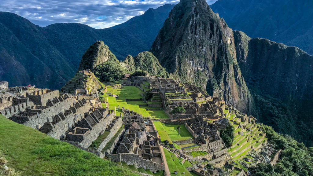 View of the terraces of the ancient city of Machu Picchu in the mountains of South America.