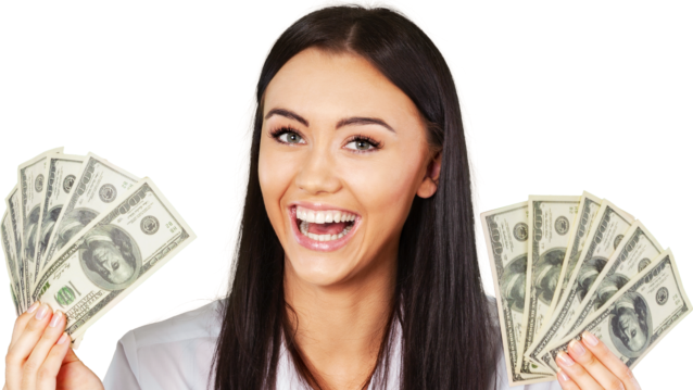 young happy lady with money